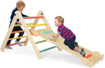Toboggan en Bois 4 en 1 Triangle Escalade Montesorri Pliables avec Rampe d'Escalade,Charge 60KG