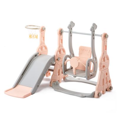 Toboggan Enfant 4 en 1 avec Panier de Basket - Aire de Jeux Intérieure et Extérieure, Rose