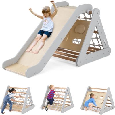 Toboggan Enfant avec Triangle Escalade Montessori,Filet à Grimper,Planche et Échelle,Charge 50KG,Gris