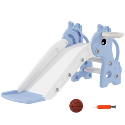 Toboggan enfant design girafon - panier de basket-ball intégré - ballon, pompe inclus - plastique bleu blanc