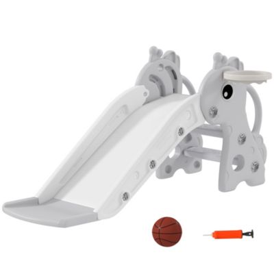 Toboggan enfant design girafon - panier de basket-ball intégré - ballon, pompe inclus - plastique gris blanc