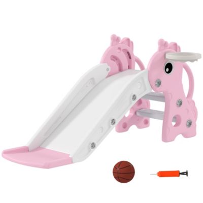 Toboggan enfant design girafon - panier de basket-ball intégré - ballon, pompe inclus - plastique rose blanc