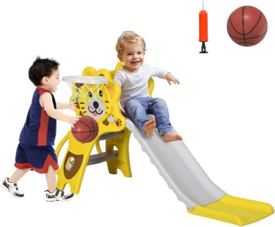 Toboggan Enfant Panier Basket 18 à 36 Mois, 131L x 50l x 74H cm Ballon, Pompe incluses, Jaune Gris