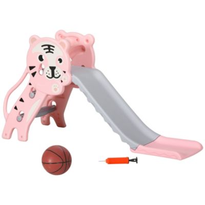 Toboggan enfant panier basket design tigre 18-36 mois usage intérieur - balle, pompe incluses - PE rose gris