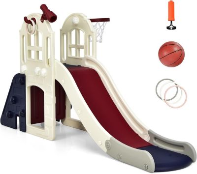 Toboggan Enfants 6 en 1 Panier de Basket Escalade Tunnel Lancer d'Anneaux Télescopique Decoratif, 3-8 Ans, Balle Souffleur Inclus