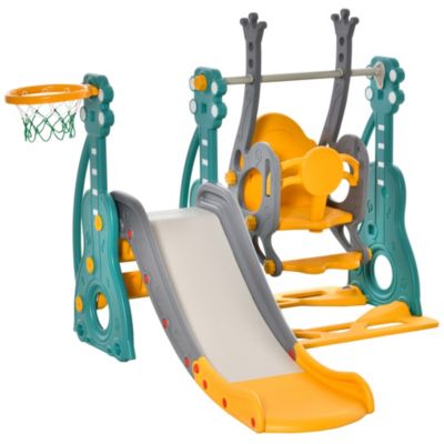Toboggan et balançoire pour enfants 4 en 1 avec panier de basket, siège réglable, 152x149x107cm, bleu et jaune