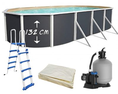 TOI - Piscine hors-sol acier MAGNUM ANTHRACITE ovale 730x366x132cm liner sable - Kit complet avec filtration sable 8,5m3/h
