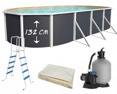 TOI - Piscine hors-sol acier MAGNUM ANTHRACITE ovale 730x366x132cm liner sable