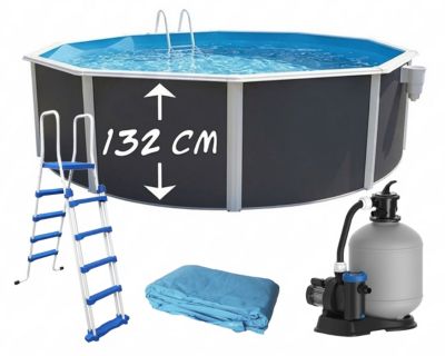 TOI - Piscine hors-sol acier MAGNUM ANTHRACITE ronde O 350 x 132 cm liner bleu - Kit complet avec filtration et échelle sécurité