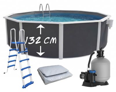 TOI - Piscine hors-sol acier MAGNUM ANTHRACITE ronde O 350 x 132 cm liner gris - Kit complet avec filtration à sable