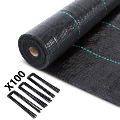 Toile de paillage contre les mauvaises herbes 50Mx1M avec 100 piquets Anti-UV 100g/m2 VOUNOT