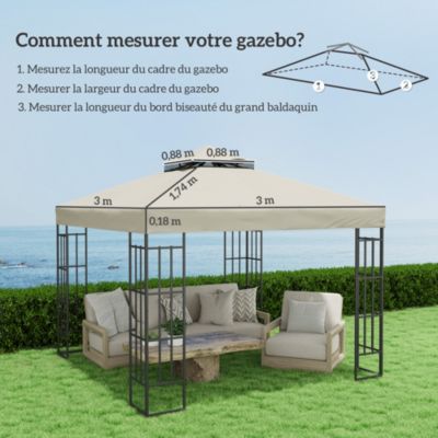 Toile de rechange barnum tonnelle 3 x 3 m - toit double avec œillets drainage - polyester haute densité 370 g/m² beige