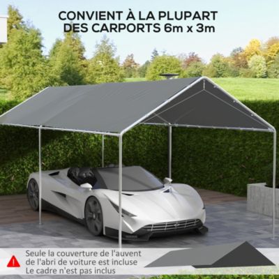 Toile de rechange carport auvent voiture dim. 6L x 3l m tendeurs élastiques inclus PE haute densité gris