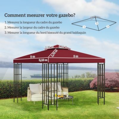 Toile de rechange pour pavillon tonnelle tente 3 x 3 m polyester haute densité 180 g/m² bordeaux