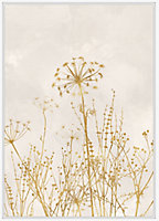 Toile dorée fleurs séchées encadrement blanc 60 x 90 cm