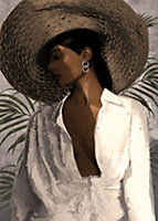 Toile femme chapeau blanc, marron, vert Dada Art l.50 x H.70 cm