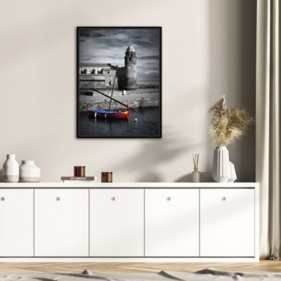 Toile imprimée église Colliour N&B Dada art montée sur châssis bois en pin 60x80 cm