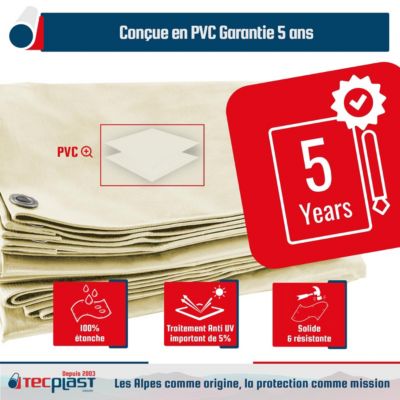 Toile Pergola Blanc Crème 3x3 m - Garantie 5 ans TECPLAST - LP506PR - Bâche Pergola ou Tonnelle étanche en PVC pour terrasse