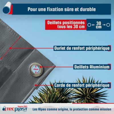 Toile Pergola Gris anthracite 3x4 m - Garantie 5 ans TECPLAST - LP506PR - Bâche Pergola ou Tonnelle étanche en PVC pour terrasse
