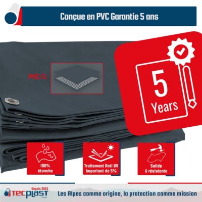 Toile Pergola Gris anthracite 5x6 m - Garantie 5 ans TECPLAST - LP506PR - Bâche Pergola ou Tonnelle étanche en PVC pour terrasse
