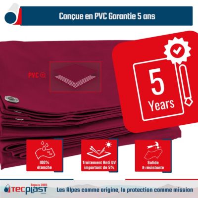 Toile Pergola Rouge Bordeaux 3x3 m - Garantie 5 ans TECPLAST - LP506PR - Bâche Pergola ou Tonnelle étanche en PVC pour terrasse