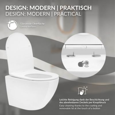 Toilette suspendu céramique sans rebord court cuvette siège duroplast softclose