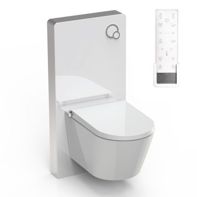 Toilettes Japonais céramique, WC lavant + module blanc (100,4x48,3x10,8cm) + télécommande - WC 38,4x59,3x38cm - Pro+ 1102