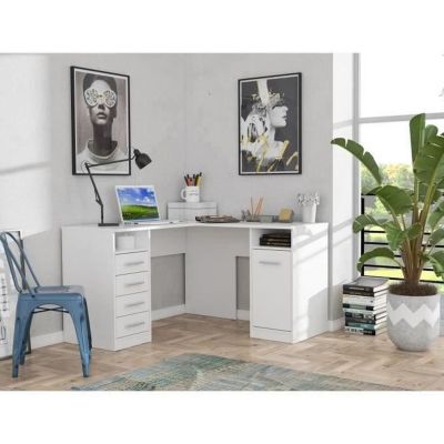 TOLEDE Bureau d'angle 1 porte 4 tiroirs - papier blanc - 125 x 125 x 75 cm