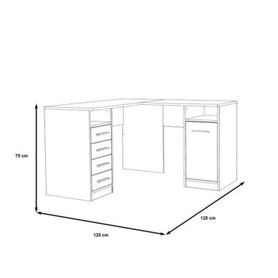 TOLEDE Bureau d'angle 1 porte 4 tiroirs - papier blanc - 125 x 125 x 75 cm