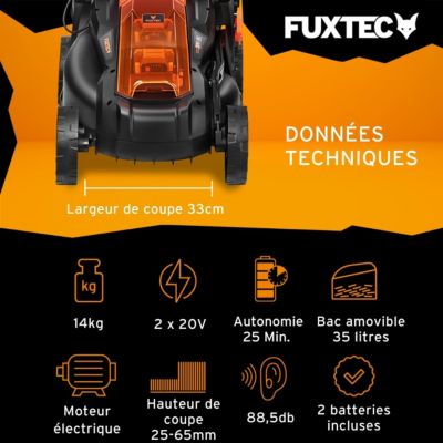 Tondeuse gazon batterie 40V (2X20V) - FUXTEC FX-E1RM20 - largeur 33cm 2 batteries Li-Ion 2Ah, double chargeur 2,4A, bac 35L