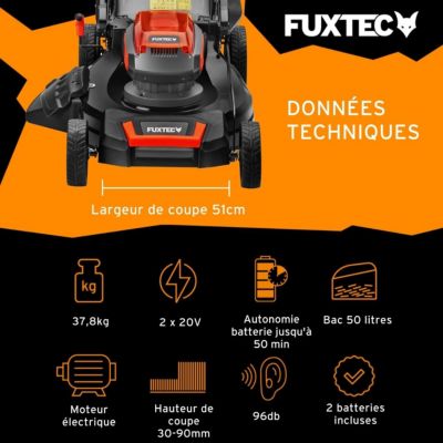 Tondeuse gazon batterie autotractée 40V (2X20V) - FUXTEC FX-E2RM51 - 51cm mulching ejection latérale 2 batteries Li-Ion 4Ah
