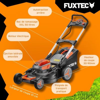 Tondeuse gazon batterie autotractée 40V (2X20V) - FUXTEC FX-E2RM51 - 51cm mulching ejection latérale 2 batteries Li-Ion 4Ah