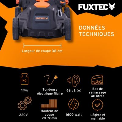 Tondeuse à Gazon électrique Filaire Poussée - FUXTEC FX-RME38 - 12Kg, Largeur Coupe 38cm, Bac 40L, Hauteur 20mm - 70mm