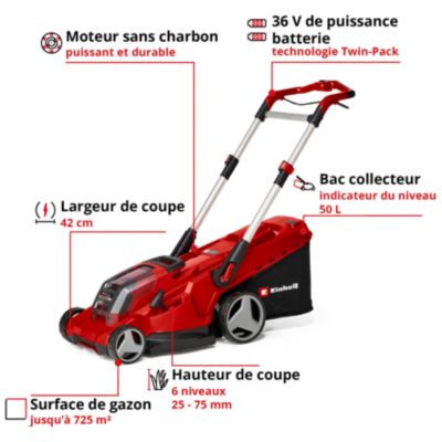 Tondeuse sans fil avec batterie 18 V - largeur de coupe 42 cm - hauteur de coupe 25 à 75 mm - bac 50 L - Einhell RASARRO 36/42 (2x5,2Ah)
