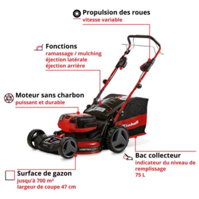 Tondeuse sans fil avec batterie 18 V - largeur de coupe 47 cm - hauteur de coupe 30 à 65 mm - bac 75 L - Einhell GP-CM 36/47 S HW Li (4x4,0Ah)