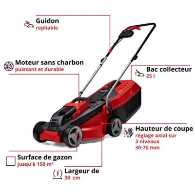 Tondeuse sans fil Einhell GE-CM 18/30 Li, batt. 18 V 3,0 Ah + chargeur, largeur 30 cm, bac 25 L.