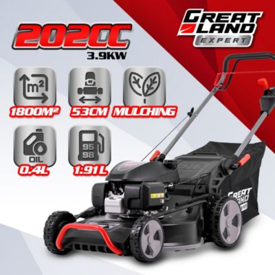 Tondeuse thermique tractée 202CC avec moteur Honda, mulching, éjection latérale et vitesse variable.