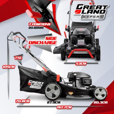 Tondeuse thermique tractée 202CC avec moteur Honda, mulching, éjection latérale et vitesse variable.