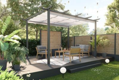 Tonnelle autoportante acier, aluminium et toit rétractable polyester Blooma Moses gris 4 x 3 m