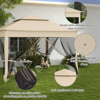 Tonnelle barnum automatique pop-up 3 x 3 m métal polyester imperméabilisé anti UV moustiquaires sac transport beige