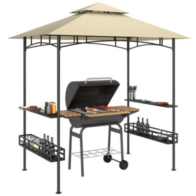 Tonnelle de barbecue 240 x 150 x 257 cm beige avec auvent de réception, crochet au plafond, étagères et paniers