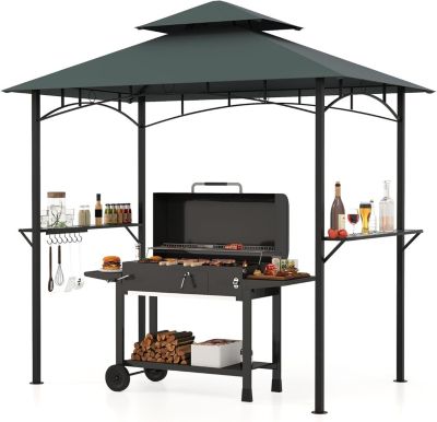 Tonnelle de Barbecue,Abri à Double Toit pour Grill avec 2 Étagères,7 Crochets,Pour Pique Nique,Jardin,Terrasse,Gris