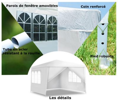 Tonnelle de Jardin 3 x 3 M avec 4 Bâche Latérales Amovibles et 2 Fenêtres Décoratives pour Marché Fête Plage Blanc