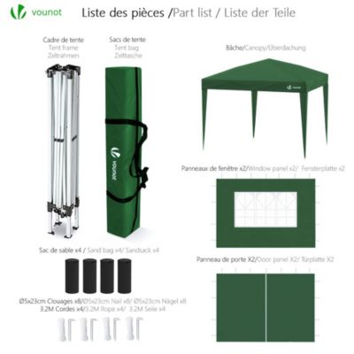 Tonnelle de Jardin 3x3m Pliable avec portes et fenêtres Vert VOUNOT