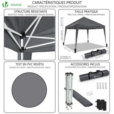 Tonnelle de jardin 3x3m pliable Grise avec sac de transport VOUNOT