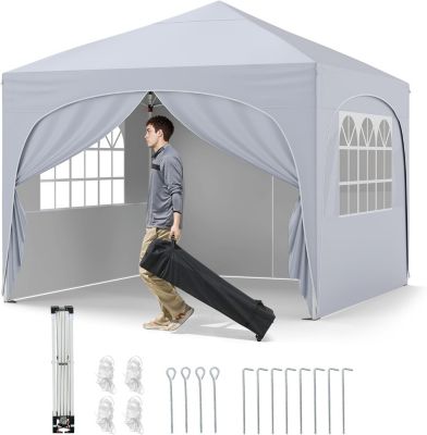 Tonnelle de Jardin Exterieur, 3 x 3 M avec Poids Lestage, Parois Latérales, avec Sac roulettes,4 Cordes/Ancres,8 Piquets(Blanc)