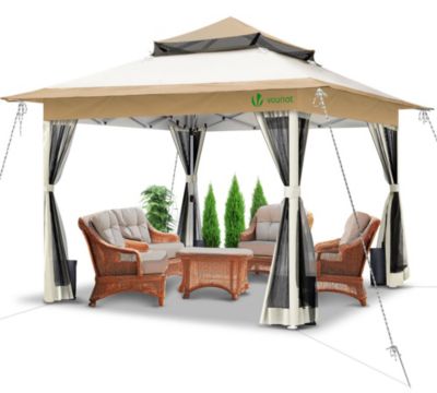 Tonnelle de jardin exterieure pliable avec moustiquaire 3.6x3.6m beige VOUNOT