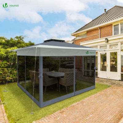 Tonnelle de jardin exterieure pliable avec moustiquaire 3.6x3.6m gris VOUNOT