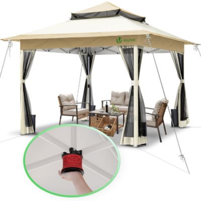 Tonnelle de jardin exterieure pliable avec moustiquaire Pop up 3.6x3.6m beige VOUNOT