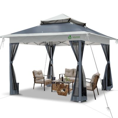 Tonnelle de jardin exterieure pliable avec moustiquaire Pop up 3.6x3.6m gris VOUNOT